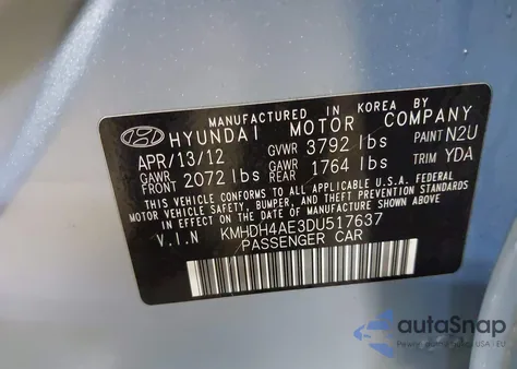 2013 Hyundai Elantra Gls/Limited from USA, damaged, VIN KMHDH4AE3DU517637